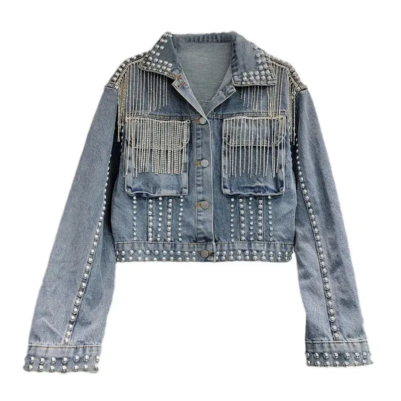 Pre Order: 3D Workwear Pocket Rivet Studded Diamond Tassel Denim Jacket