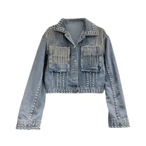 Pre Order: 3D Workwear Pocket Rivet Studded Diamond Tassel Denim Jacket