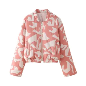 Pre Order:  Casual Round Neck Printed Zipper Cotton Jacket