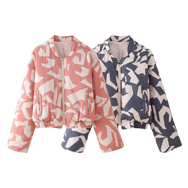 Pre Order:  Casual Round Neck Printed Zipper Cotton Jacket