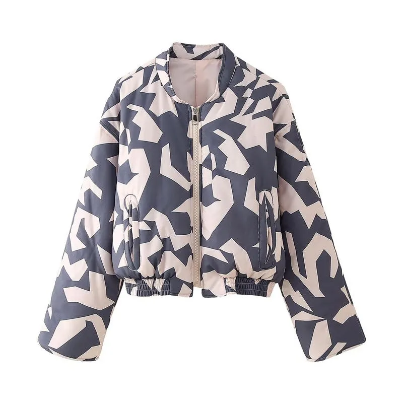 Pre Order:  Casual Round Neck Printed Zipper Cotton Jacket