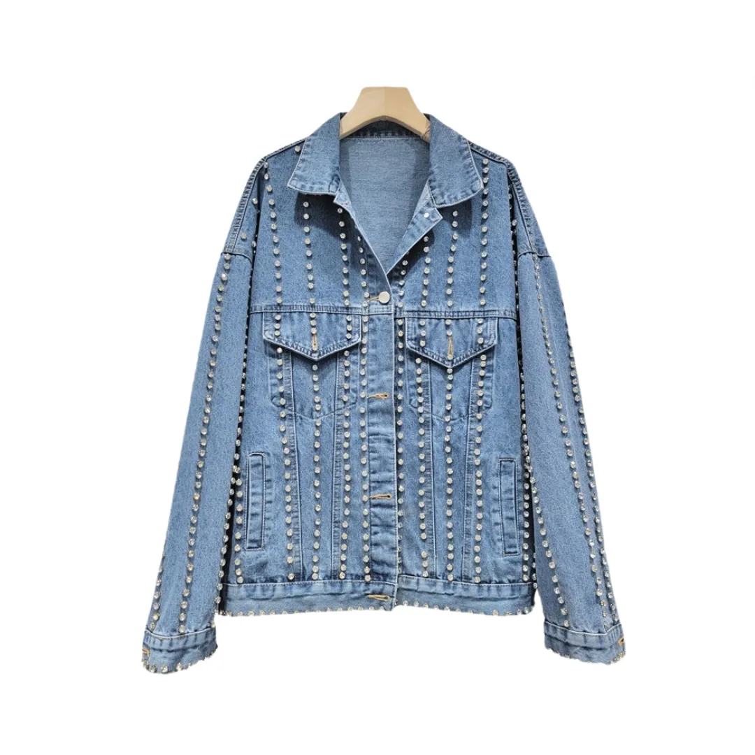 Pre Order:  Full Body Nail Drill Lapel Loose Denim Jacket