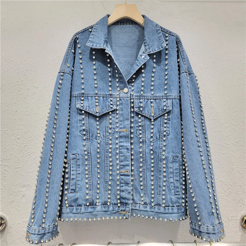 Pre Order:  Full Body Nail Drill Lapel Loose Denim Jacket