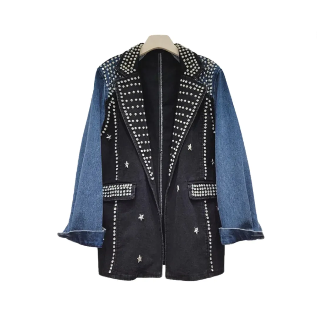 Pre Order:  Rivet Diamond Denim Spliced Loose Jacket