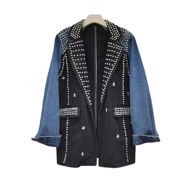 Pre Order:  Rivet Diamond Denim Spliced Loose Jacket