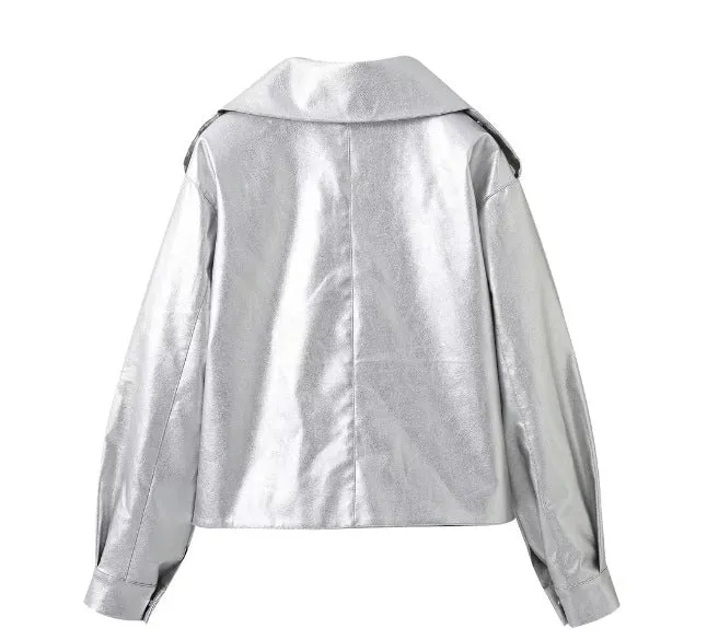 Pre Order:  Silver Oversized PU Leather Jacket