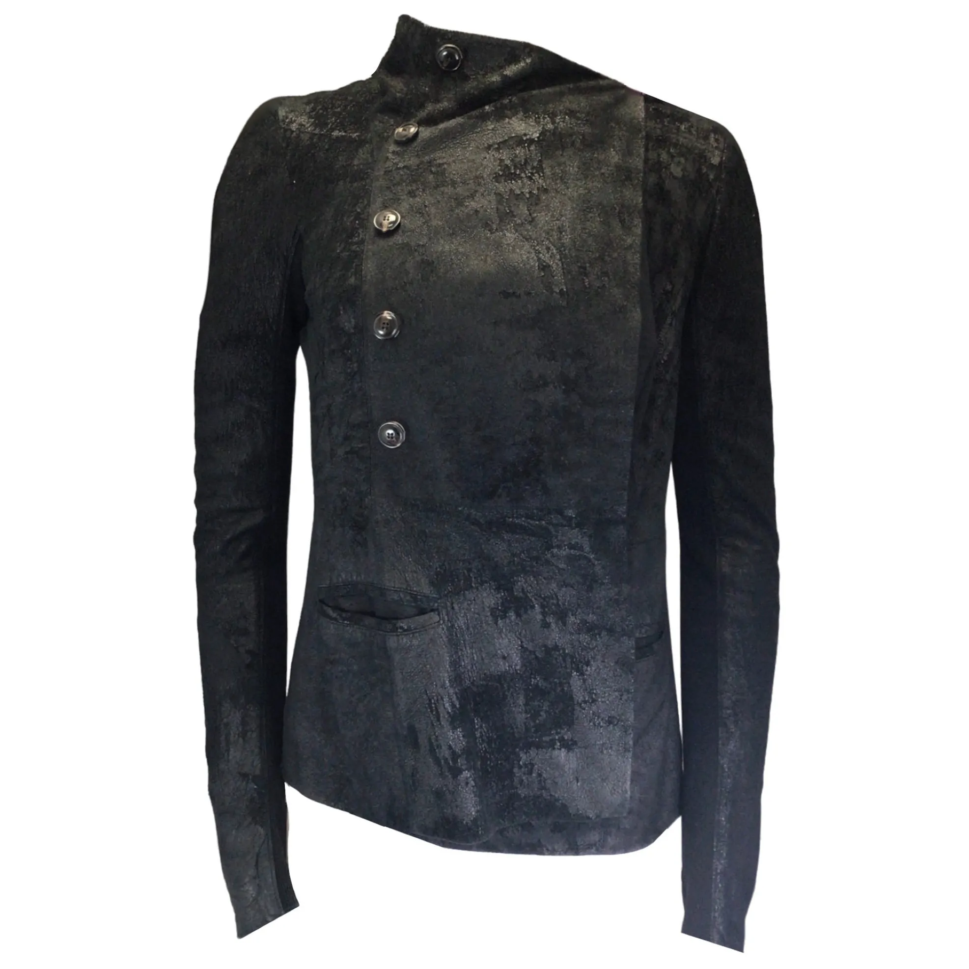 Rick Owens Black Wool Knit Trimmed Distressed Lambskin Leather Jacket