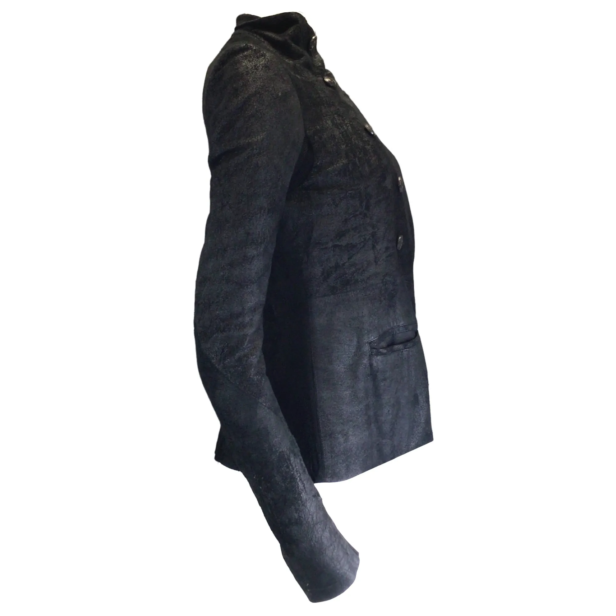 Rick Owens Black Wool Knit Trimmed Distressed Lambskin Leather Jacket