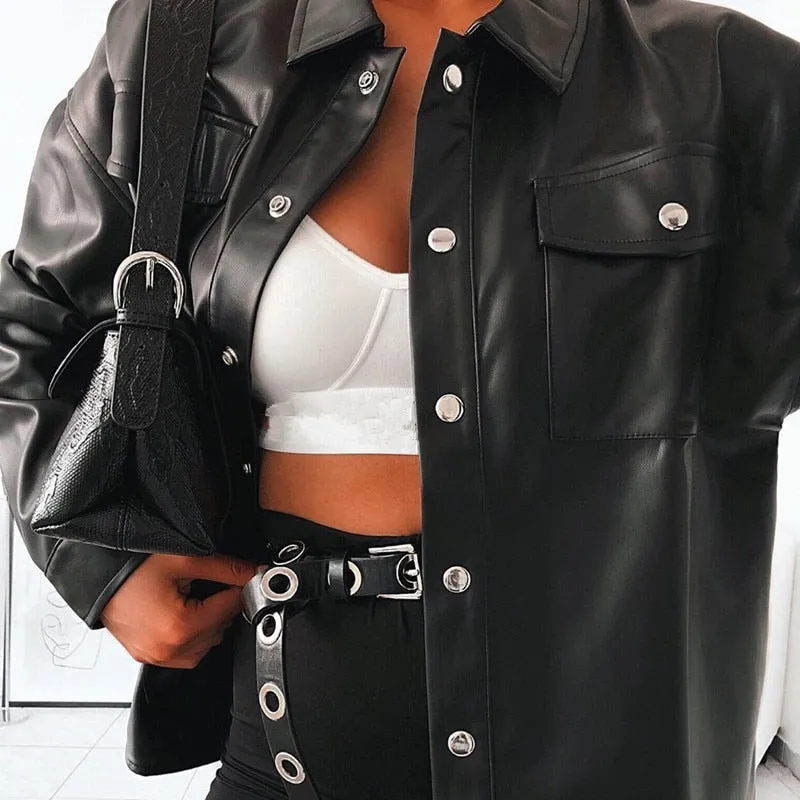 Streetwear Black PU Leather Blouse Women Cardigan Buttons Fashion Women's Shirt Top Long Sleeve Jacket