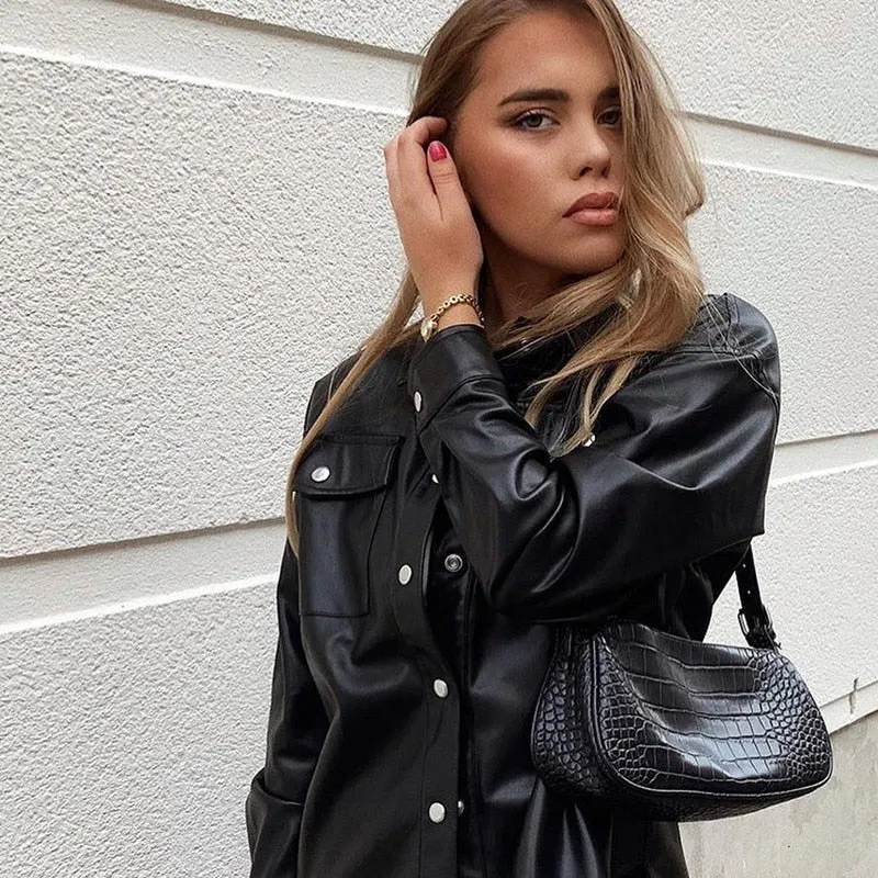 Streetwear Black PU Leather Blouse Women Cardigan Buttons Fashion Women's Shirt Top Long Sleeve Jacket