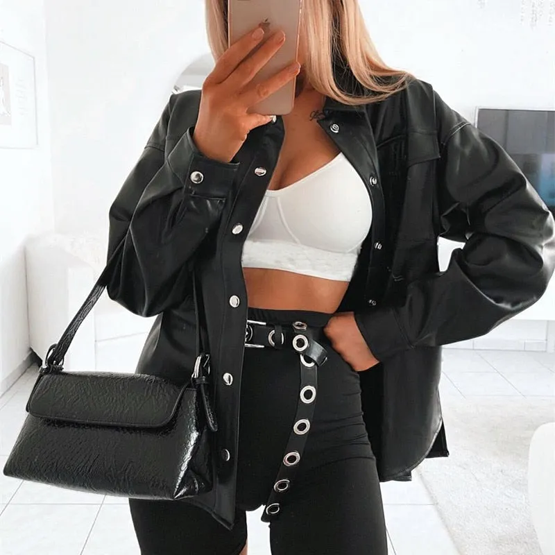 Streetwear Black PU Leather Blouse Women Cardigan Buttons Fashion Women's Shirt Top Long Sleeve Jacket