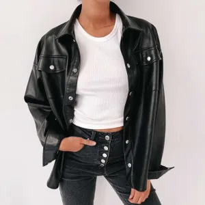 Streetwear Black PU Leather Blouse Women Cardigan Buttons Fashion Women's Shirt Top Long Sleeve Jacket