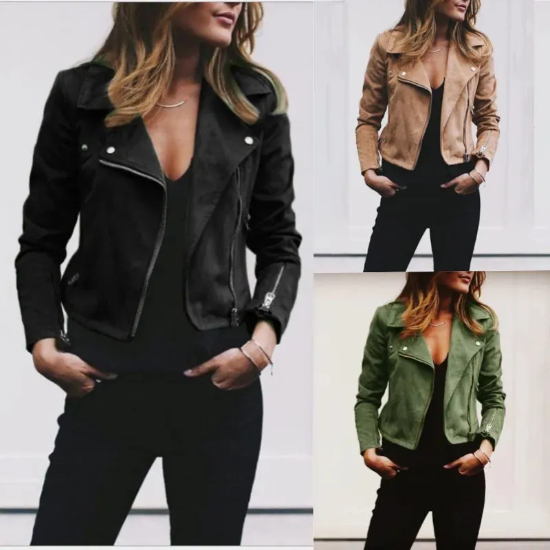 Suede Leather Cropped Jacket Women Autmn Winter Turn-down Collar Zipper Coats Slim Fit Casual Fashion Streetwear Female Outwear