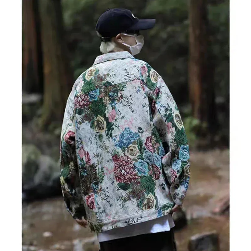 Varsity Denim Jacket Man Women Casual Flower Jacquard Cowboy Jackets Oversized Spring Autumn Unisex Coats Retro Cargo Outwear